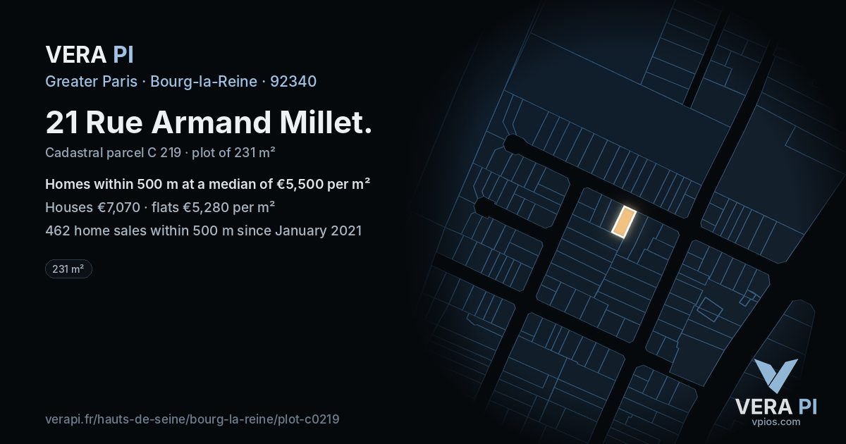 21 Rue Armand Millet, Bourg-la-Reine at night – the plot lit, the parcels around coloured by the prices near them