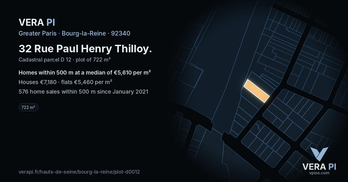 32 Rue Paul Henry Thilloy, Bourg-la-Reine at night – the plot lit, the parcels around coloured by the prices near them