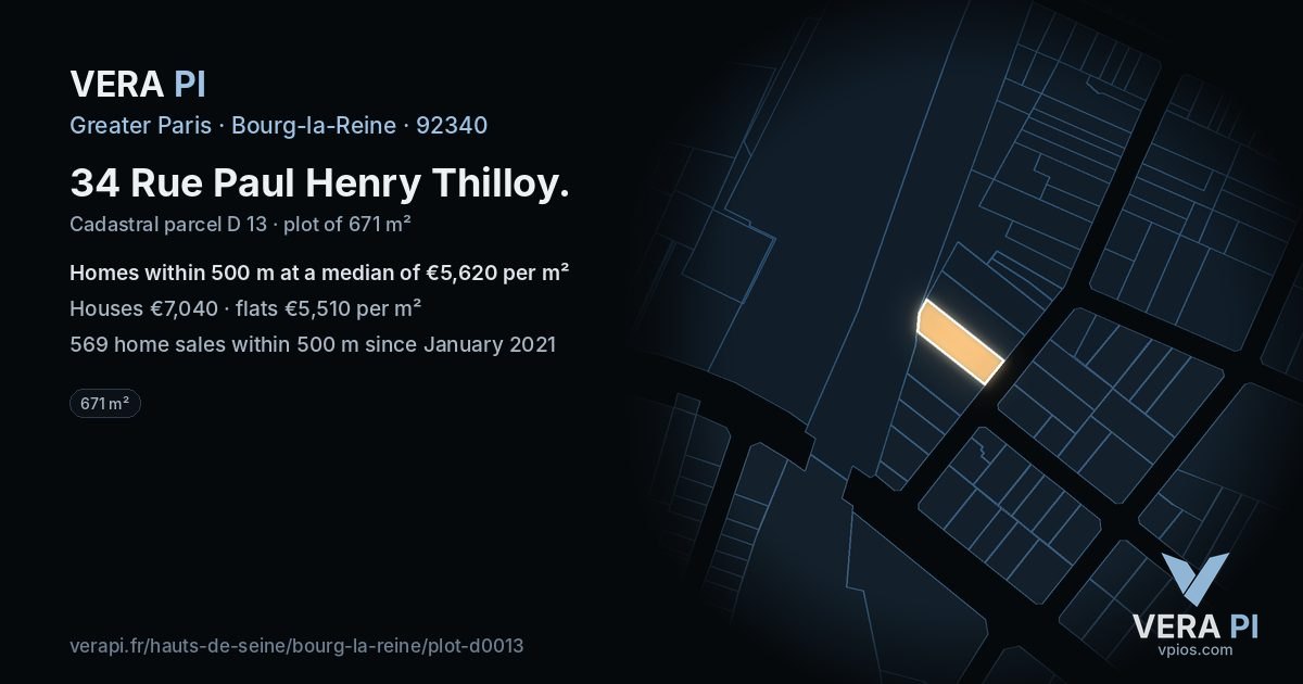 34 Rue Paul Henry Thilloy, Bourg-la-Reine at night – the plot lit, the parcels around coloured by the prices near them