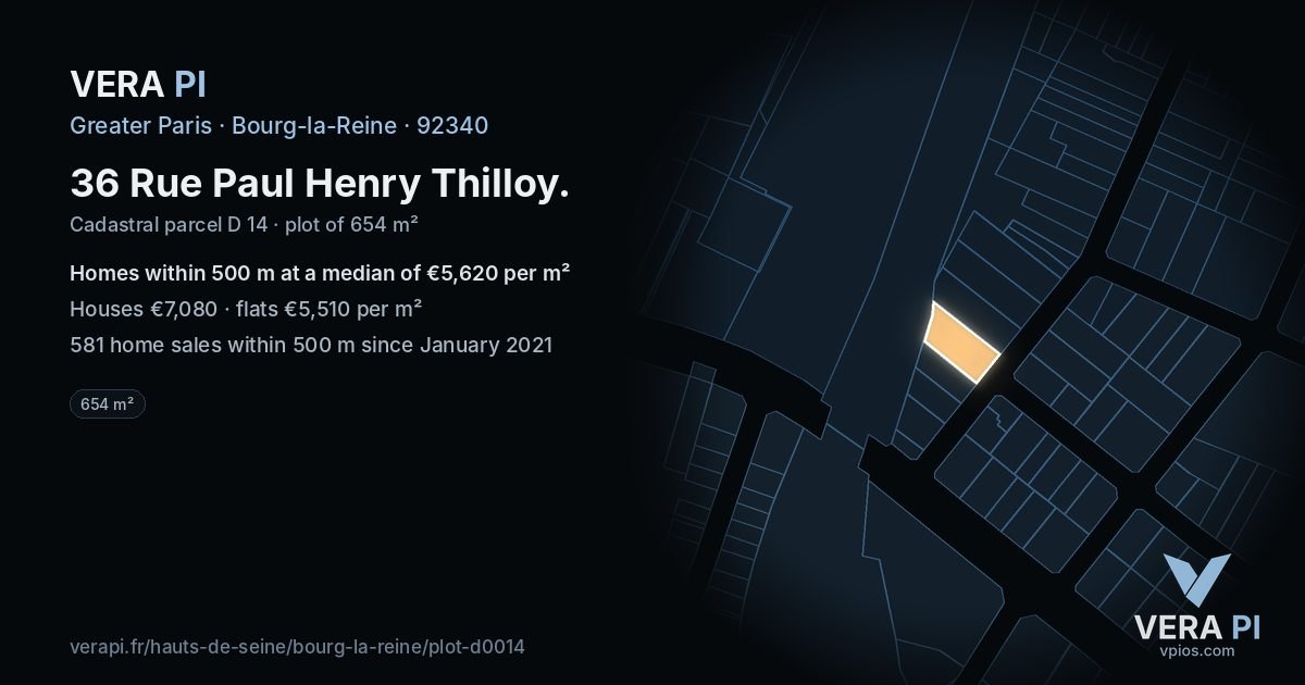 36 Rue Paul Henry Thilloy, Bourg-la-Reine at night – the plot lit, the parcels around coloured by the prices near them
