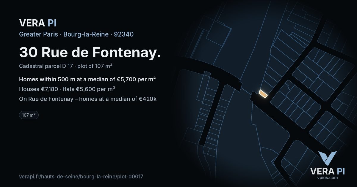 30 Rue de Fontenay, Bourg-la-Reine at night – the plot lit, the parcels around coloured by the prices near them