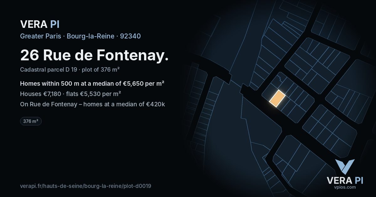 26 Rue de Fontenay, Bourg-la-Reine at night – the plot lit, the parcels around coloured by the prices near them
