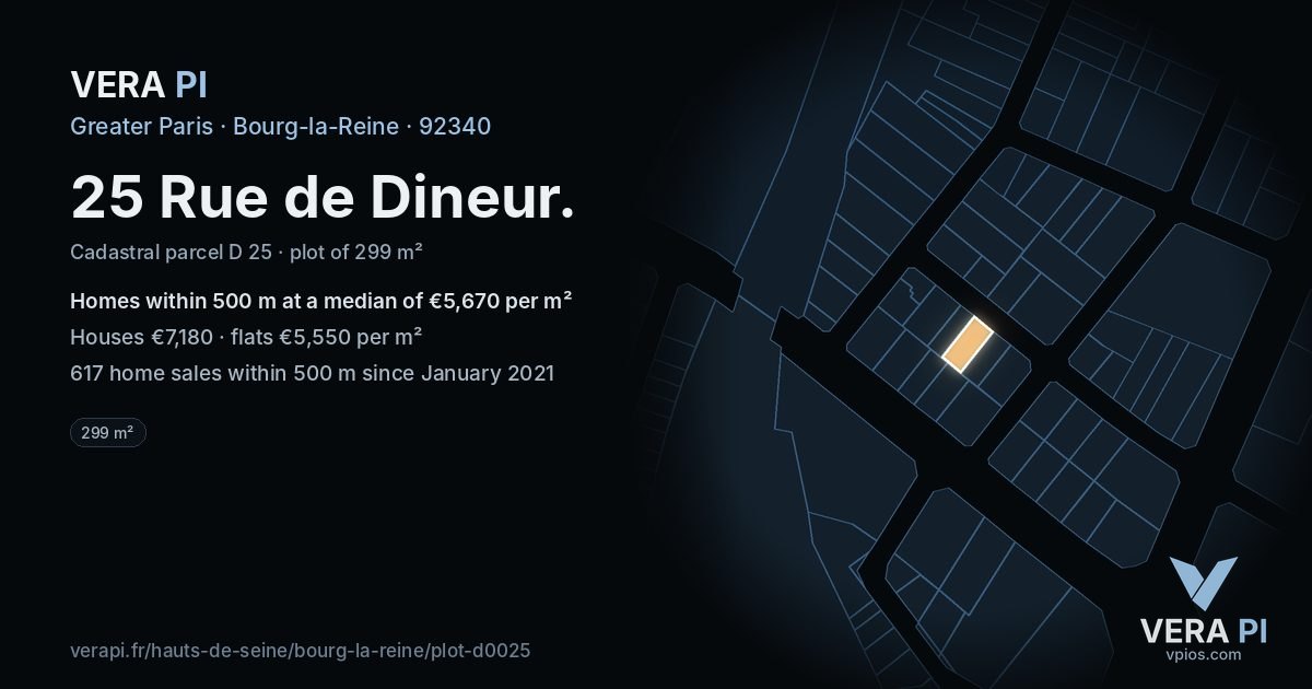 25 Rue de Dineur, Bourg-la-Reine at night – the plot lit, the parcels around coloured by the prices near them