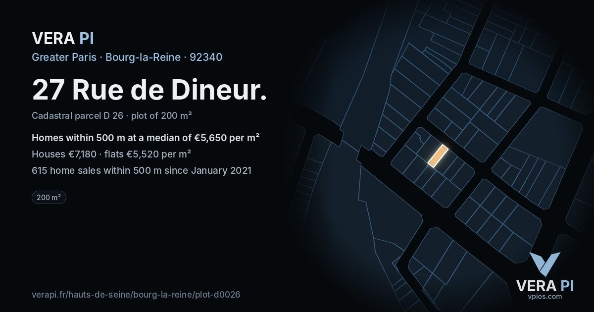 27 Rue de Dineur, Bourg-la-Reine at night – the plot lit, the parcels around coloured by the prices near them