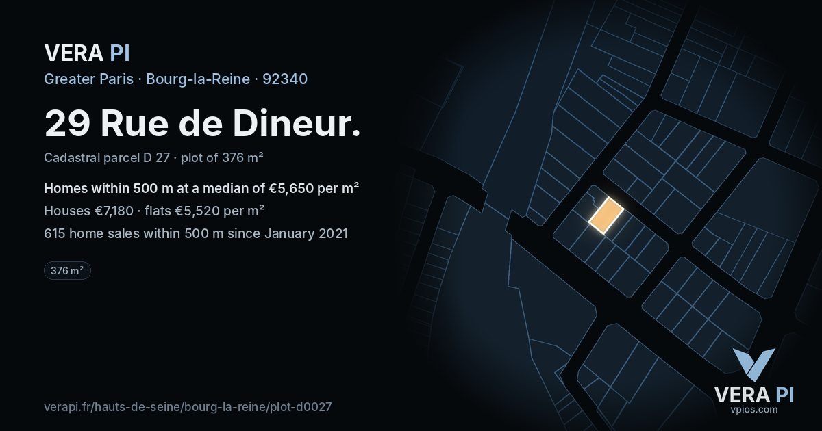 29 Rue de Dineur, Bourg-la-Reine at night – the plot lit, the parcels around coloured by the prices near them