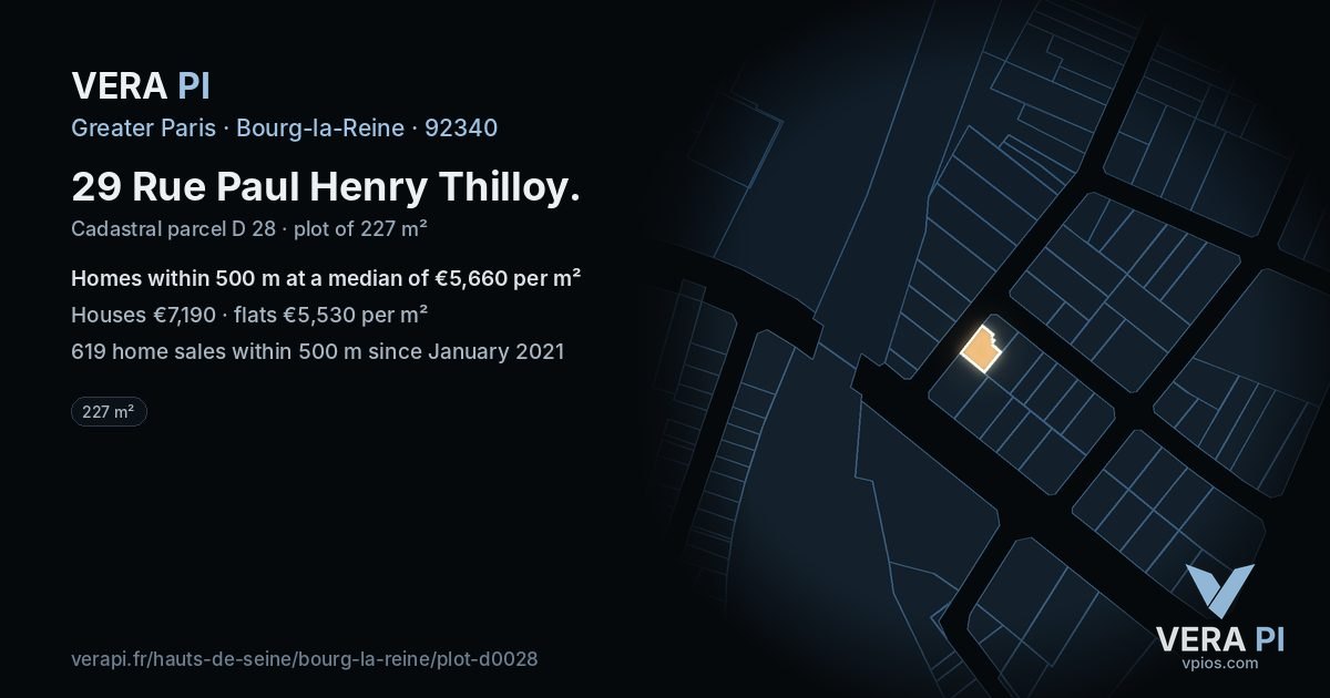 29 Rue Paul Henry Thilloy, Bourg-la-Reine at night – the plot lit, the parcels around coloured by the prices near them