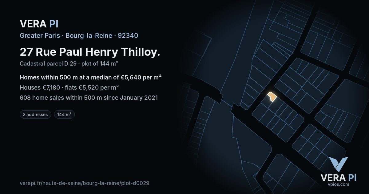 27 Rue Paul Henry Thilloy, Bourg-la-Reine at night – the plot lit, the parcels around coloured by the prices near them