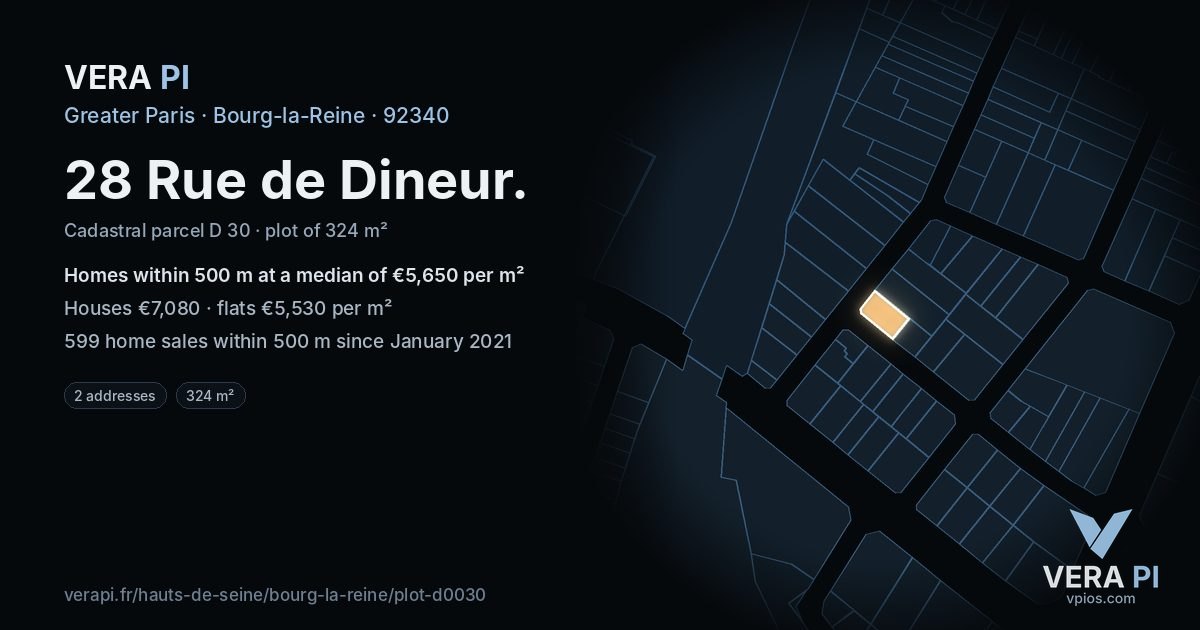 28 Rue de Dineur, Bourg-la-Reine at night – the plot lit, the parcels around coloured by the prices near them