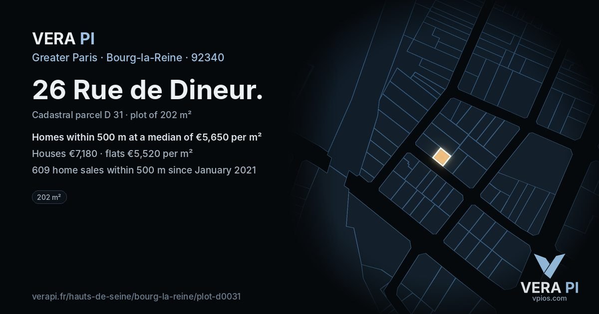 26 Rue de Dineur, Bourg-la-Reine at night – the plot lit, the parcels around coloured by the prices near them