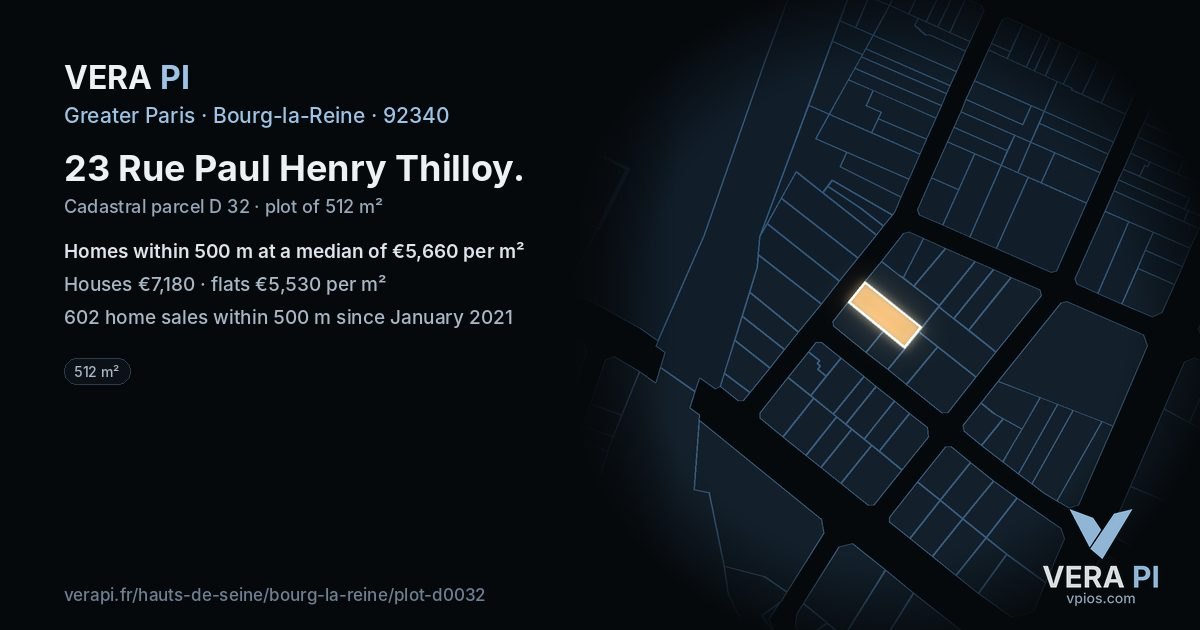23 Rue Paul Henry Thilloy, Bourg-la-Reine at night – the plot lit, the parcels around coloured by the prices near them