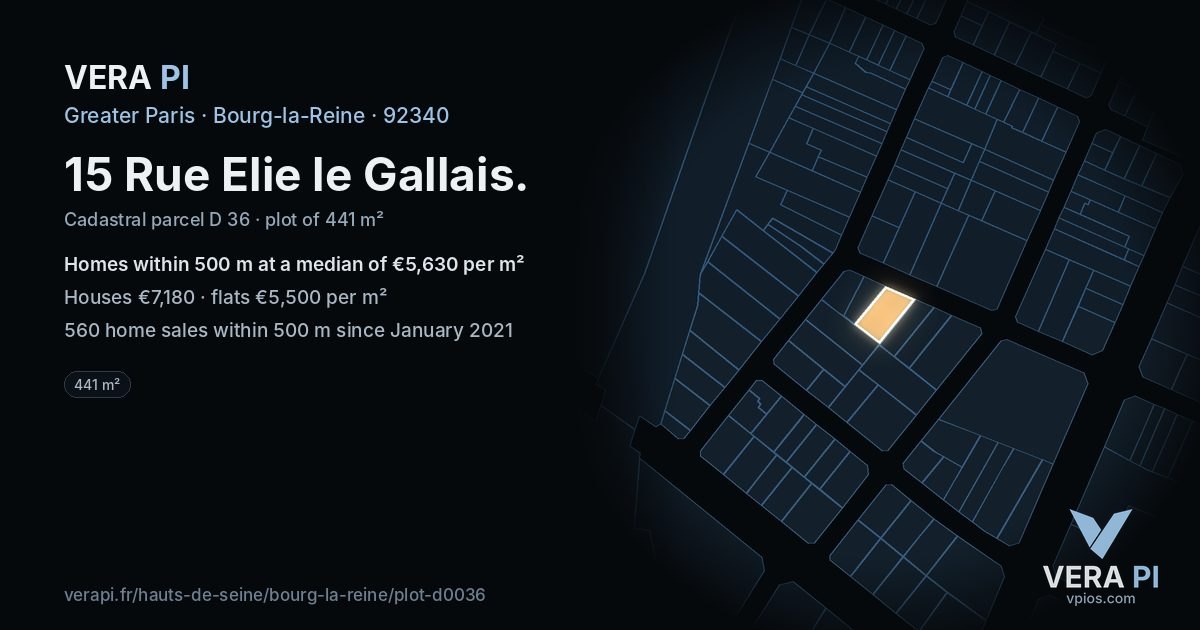 15 Rue Elie le Gallais, Bourg-la-Reine at night – the plot lit, the parcels around coloured by the prices near them