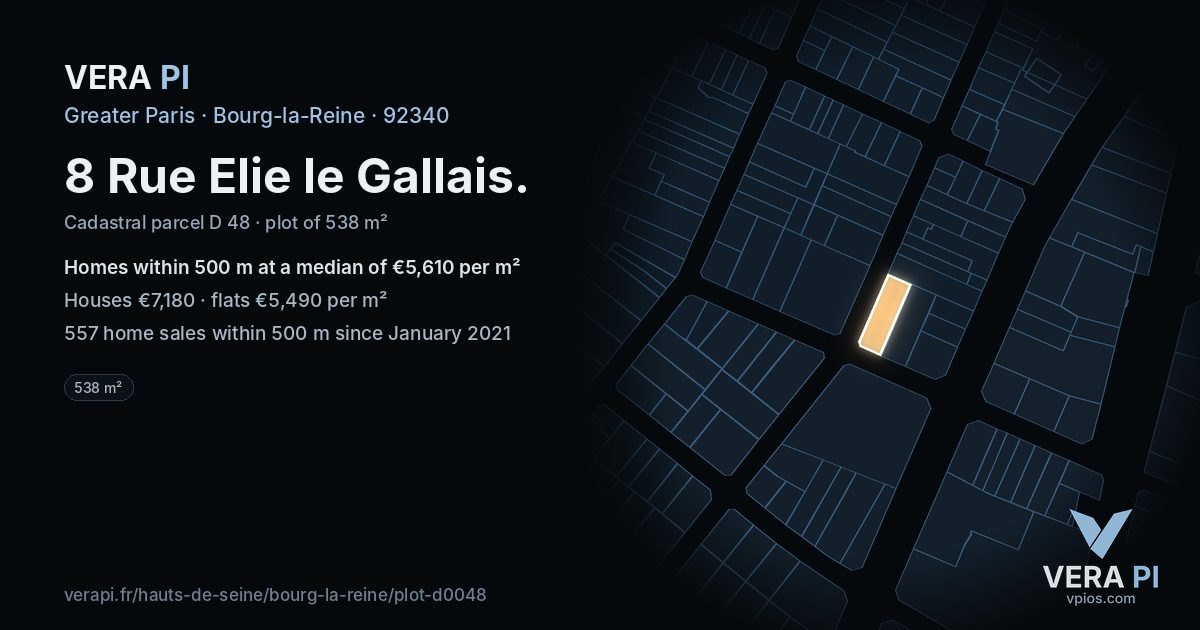 8 Rue Elie le Gallais, Bourg-la-Reine at night – the plot lit, the parcels around coloured by the prices near them