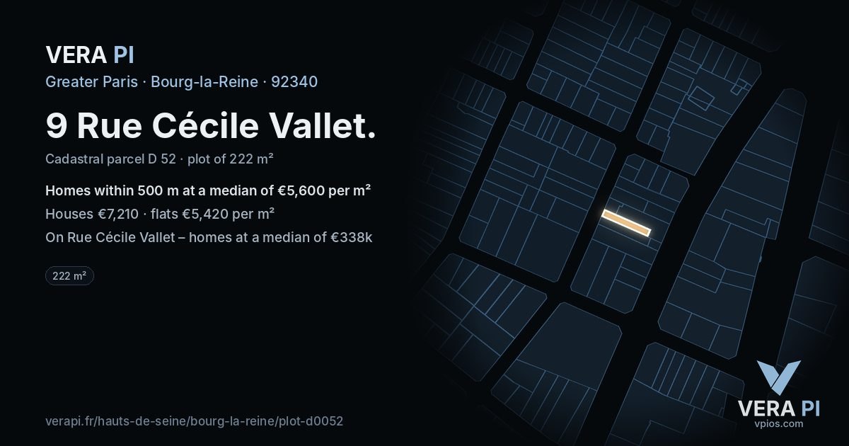 9 Rue Cécile Vallet, Bourg-la-Reine at night – the plot lit, the parcels around coloured by the prices near them