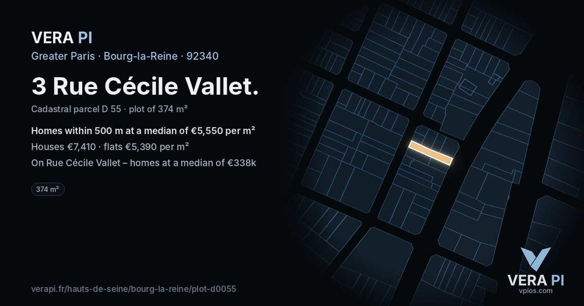 3 Rue Cécile Vallet, Bourg-la-Reine at night – the plot lit, the parcels around coloured by the prices near them