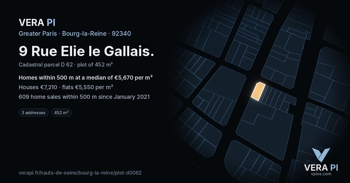 9 Rue Elie le Gallais, Bourg-la-Reine at night – the plot lit, the parcels around coloured by the prices near them