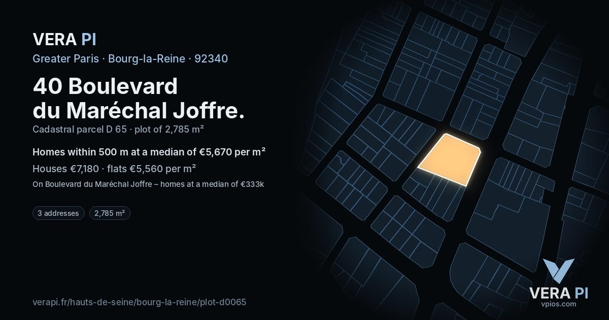 40 Boulevard du Maréchal Joffre, Bourg-la-Reine at night – the plot lit, the parcels around coloured by the prices near them