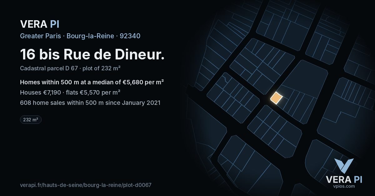 16 bis Rue de Dineur, Bourg-la-Reine at night – the plot lit, the parcels around coloured by the prices near them