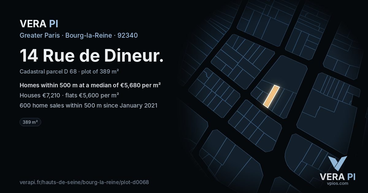14 Rue de Dineur, Bourg-la-Reine at night – the plot lit, the parcels around coloured by the prices near them