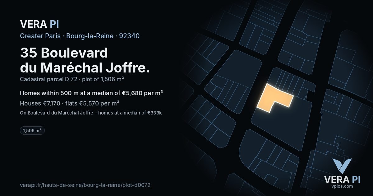 35 Boulevard du Maréchal Joffre, Bourg-la-Reine at night – the plot lit, the parcels around coloured by the prices near them