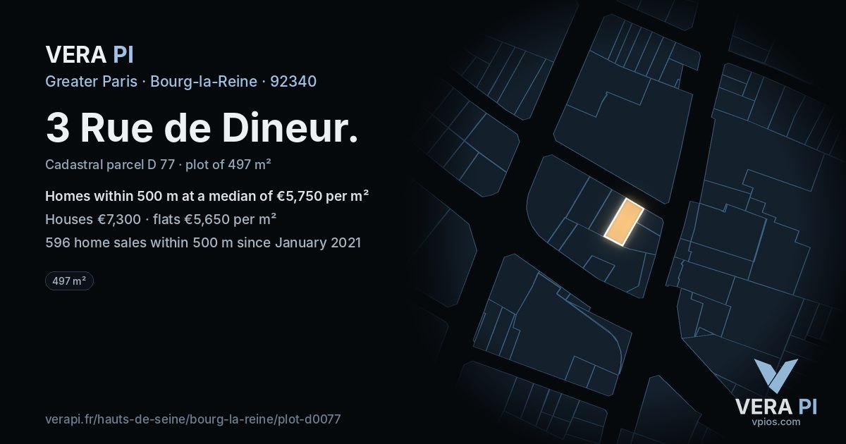 3 Rue de Dineur, Bourg-la-Reine at night – the plot lit, the parcels around coloured by the prices near them