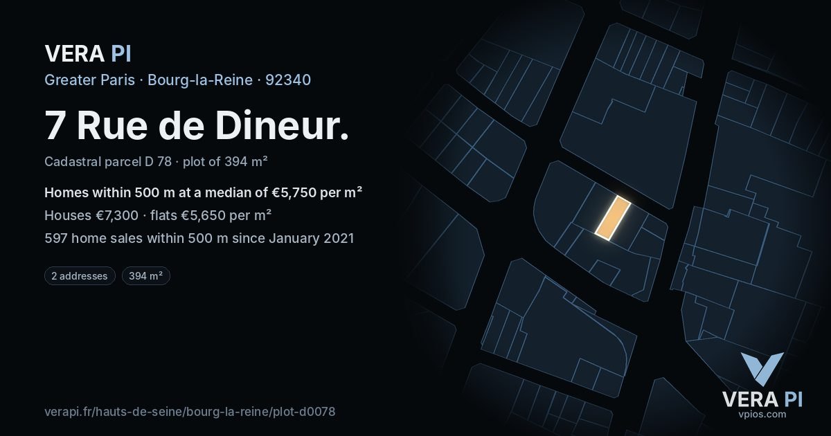 7 Rue de Dineur, Bourg-la-Reine at night – the plot lit, the parcels around coloured by the prices near them