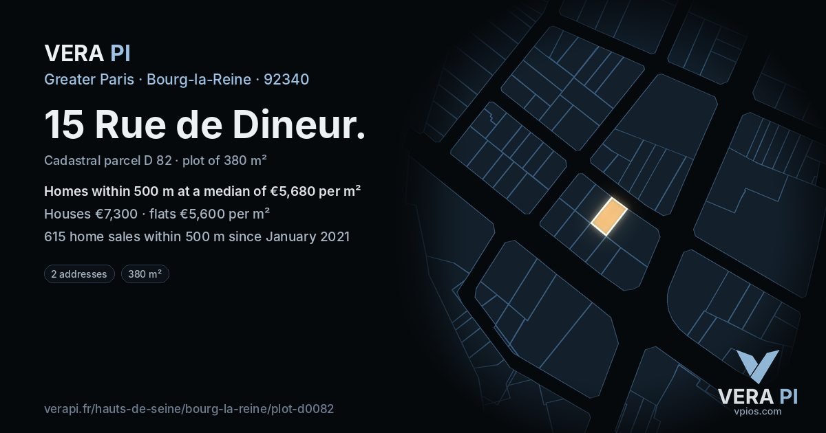 15 Rue de Dineur, Bourg-la-Reine at night – the plot lit, the parcels around coloured by the prices near them