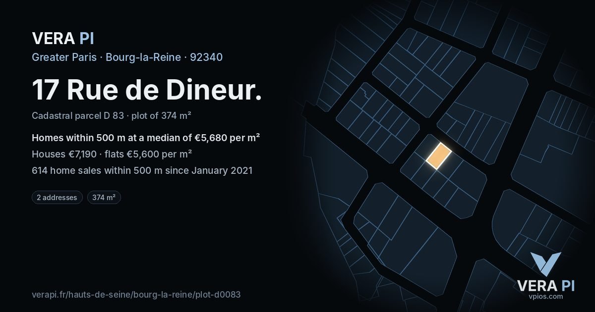 17 Rue de Dineur, Bourg-la-Reine at night – the plot lit, the parcels around coloured by the prices near them