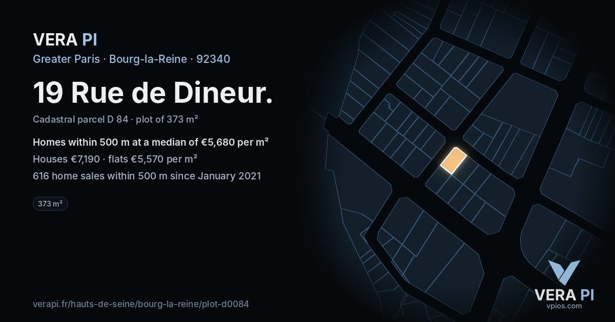 19 Rue de Dineur, Bourg-la-Reine at night – the plot lit, the parcels around coloured by the prices near them