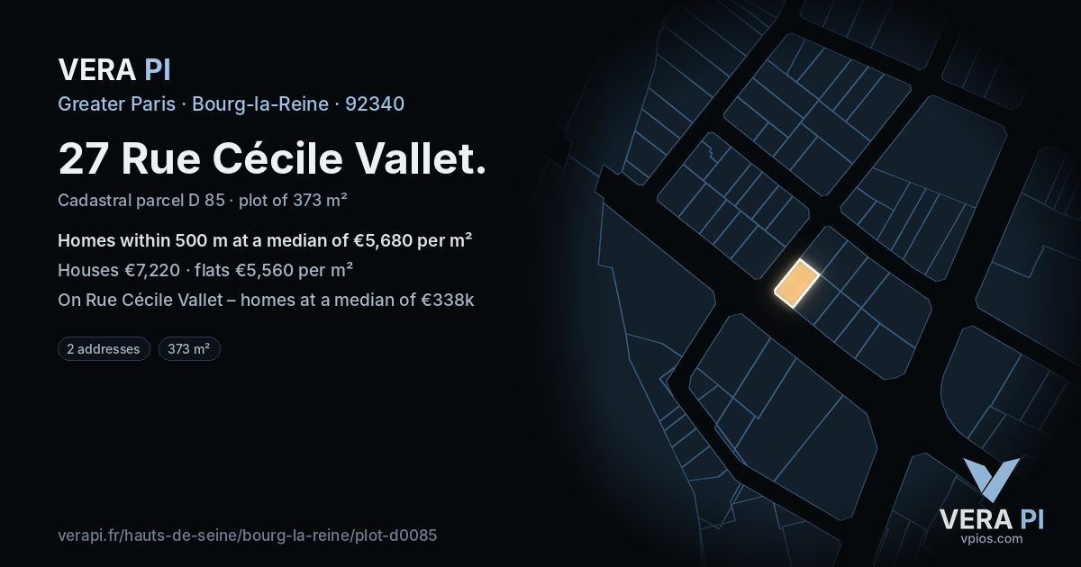 27 Rue Cécile Vallet, Bourg-la-Reine at night – the plot lit, the parcels around coloured by the prices near them