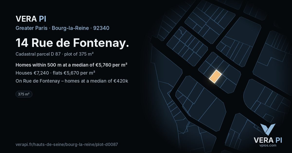 14 Rue de Fontenay, Bourg-la-Reine at night – the plot lit, the parcels around coloured by the prices near them