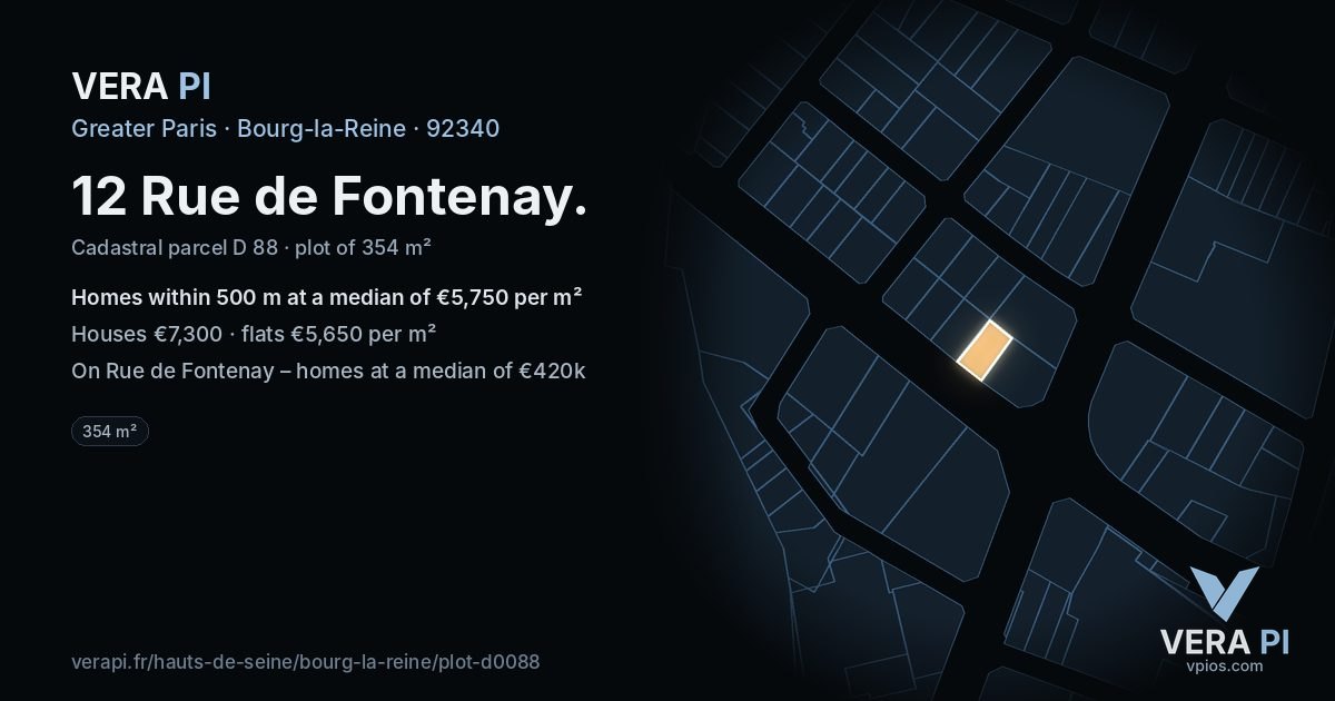 12 Rue de Fontenay, Bourg-la-Reine at night – the plot lit, the parcels around coloured by the prices near them