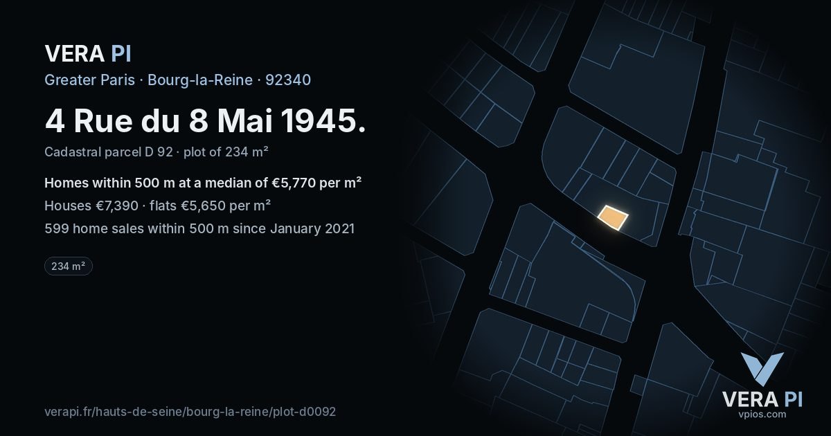 4 Rue du 8 Mai 1945, Bourg-la-Reine at night – the plot lit, the parcels around coloured by the prices near them