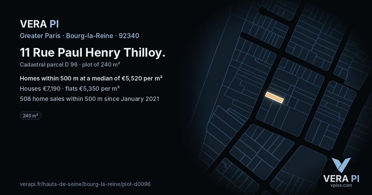 11 Rue Paul Henry Thilloy, Bourg-la-Reine at night – the plot lit, the parcels around coloured by the prices near them
