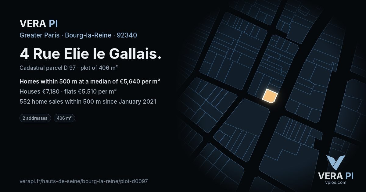 4 Rue Elie le Gallais, Bourg-la-Reine at night – the plot lit, the parcels around coloured by the prices near them