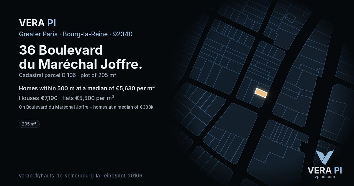 36 Boulevard du Maréchal Joffre, Bourg-la-Reine at night – the plot lit, the parcels around coloured by the prices near them