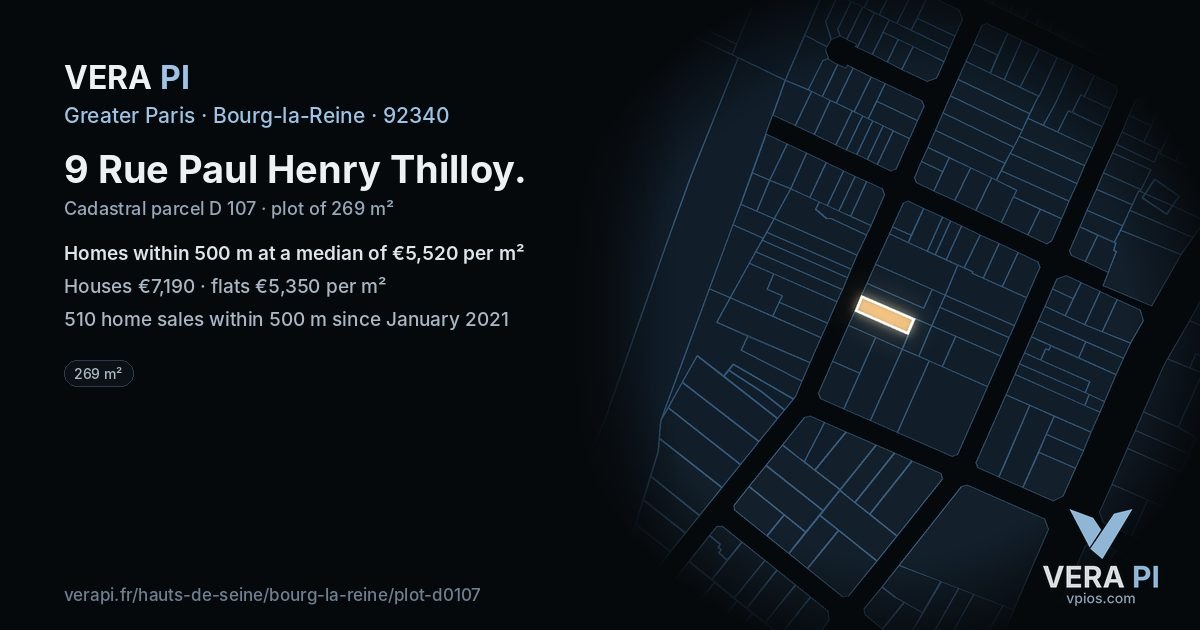 9 Rue Paul Henry Thilloy, Bourg-la-Reine at night – the plot lit, the parcels around coloured by the prices near them