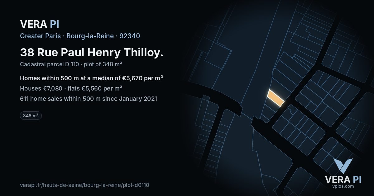 38 Rue Paul Henry Thilloy, Bourg-la-Reine at night – the plot lit, the parcels around coloured by the prices near them