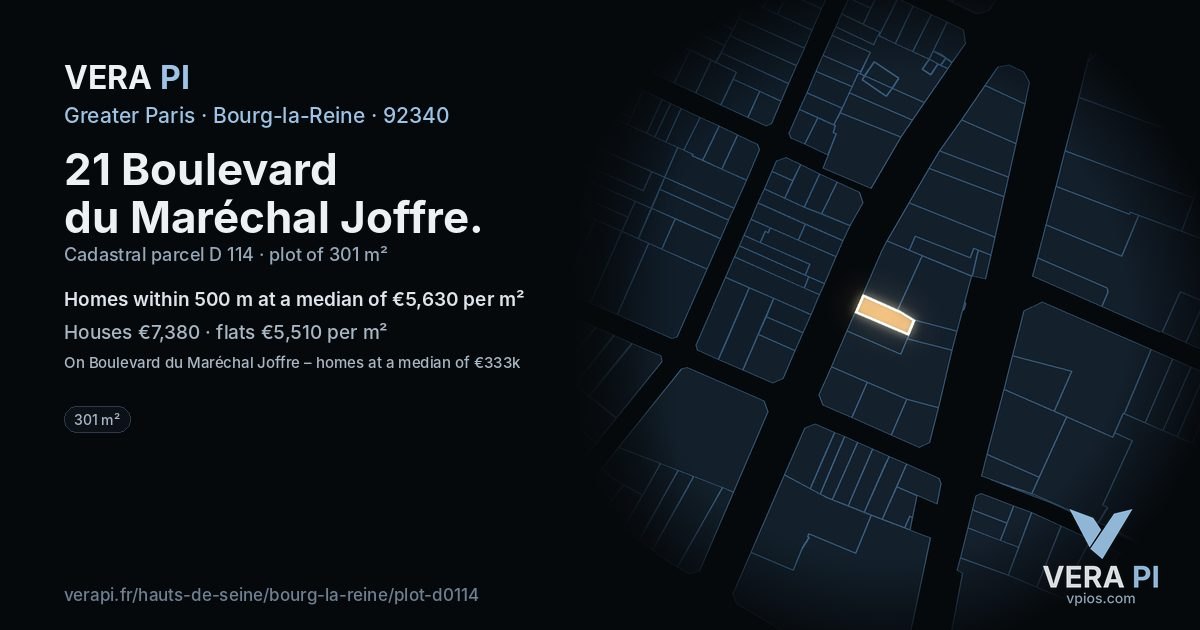 21 Boulevard du Maréchal Joffre, Bourg-la-Reine at night – the plot lit, the parcels around coloured by the prices near them