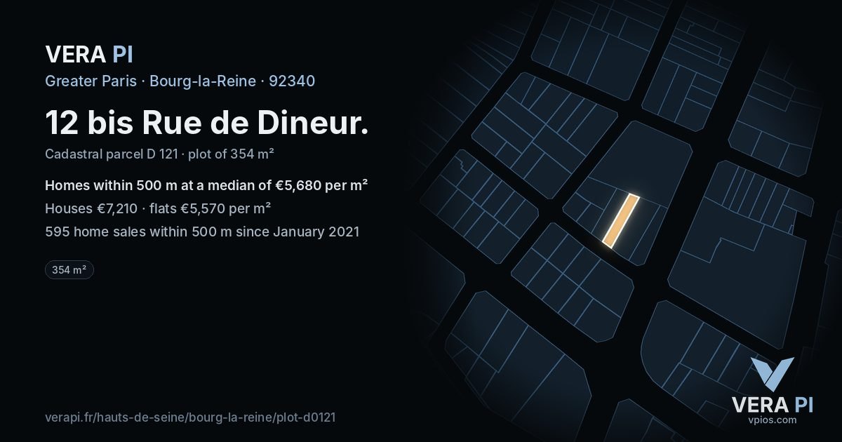 12 bis Rue de Dineur, Bourg-la-Reine at night – the plot lit, the parcels around coloured by the prices near them