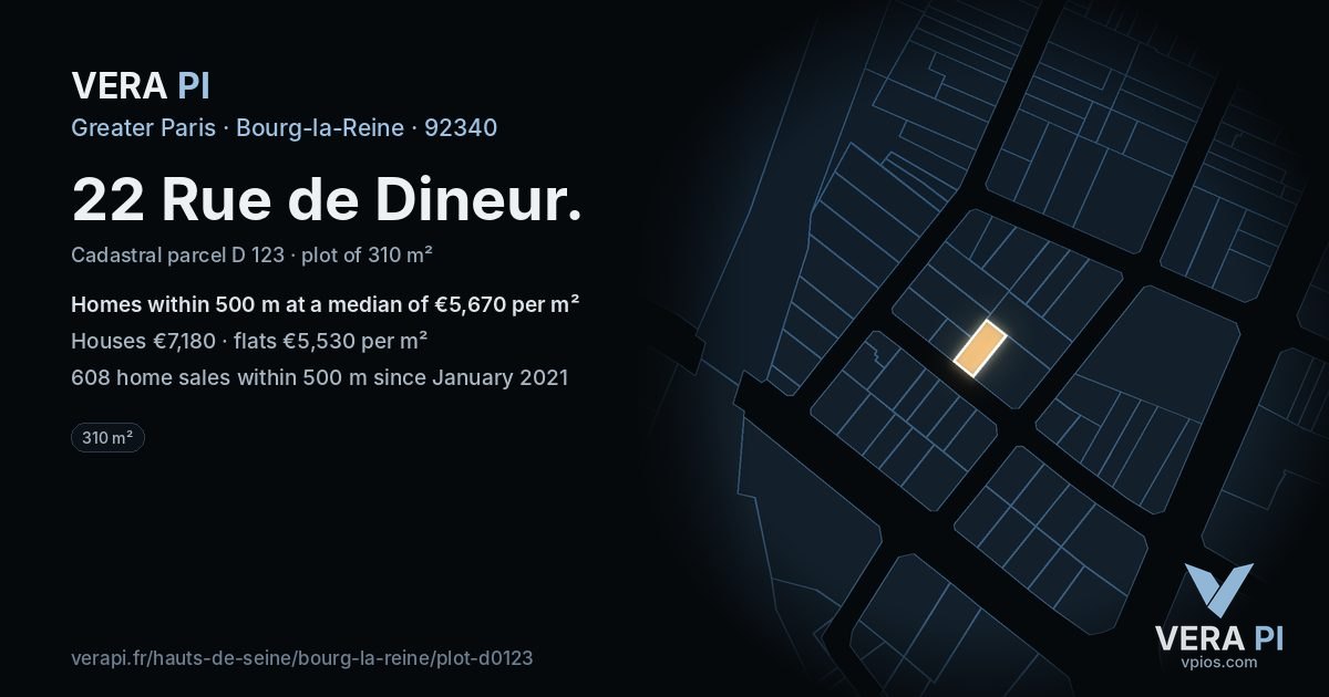 22 Rue de Dineur, Bourg-la-Reine at night – the plot lit, the parcels around coloured by the prices near them