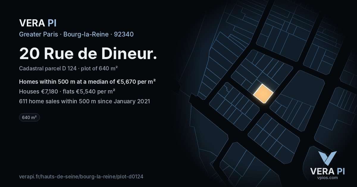 20 Rue de Dineur, Bourg-la-Reine at night – the plot lit, the parcels around coloured by the prices near them