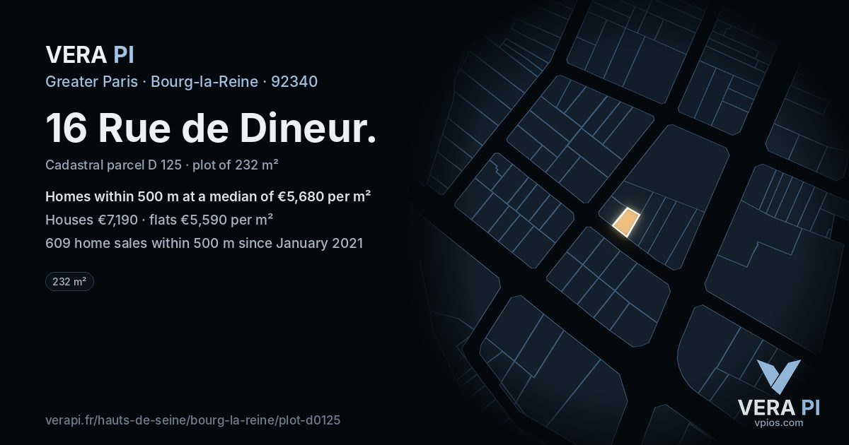 16 Rue de Dineur, Bourg-la-Reine at night – the plot lit, the parcels around coloured by the prices near them