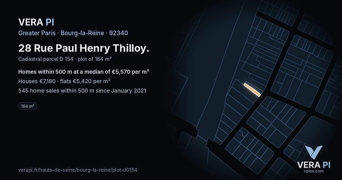 28 Rue Paul Henry Thilloy, Bourg-la-Reine at night – the plot lit, the parcels around coloured by the prices near them
