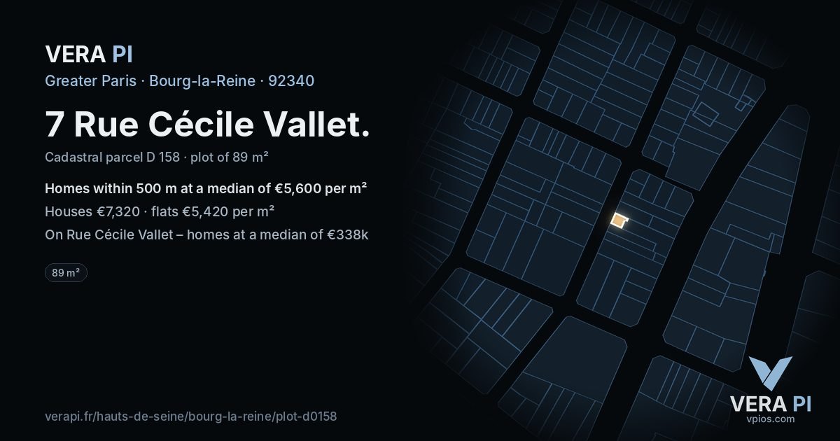 7 Rue Cécile Vallet, Bourg-la-Reine at night – the plot lit, the parcels around coloured by the prices near them