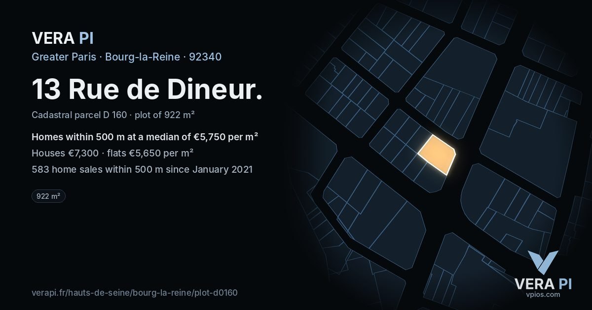 13 Rue de Dineur, Bourg-la-Reine at night – the plot lit, the parcels around coloured by the prices near them