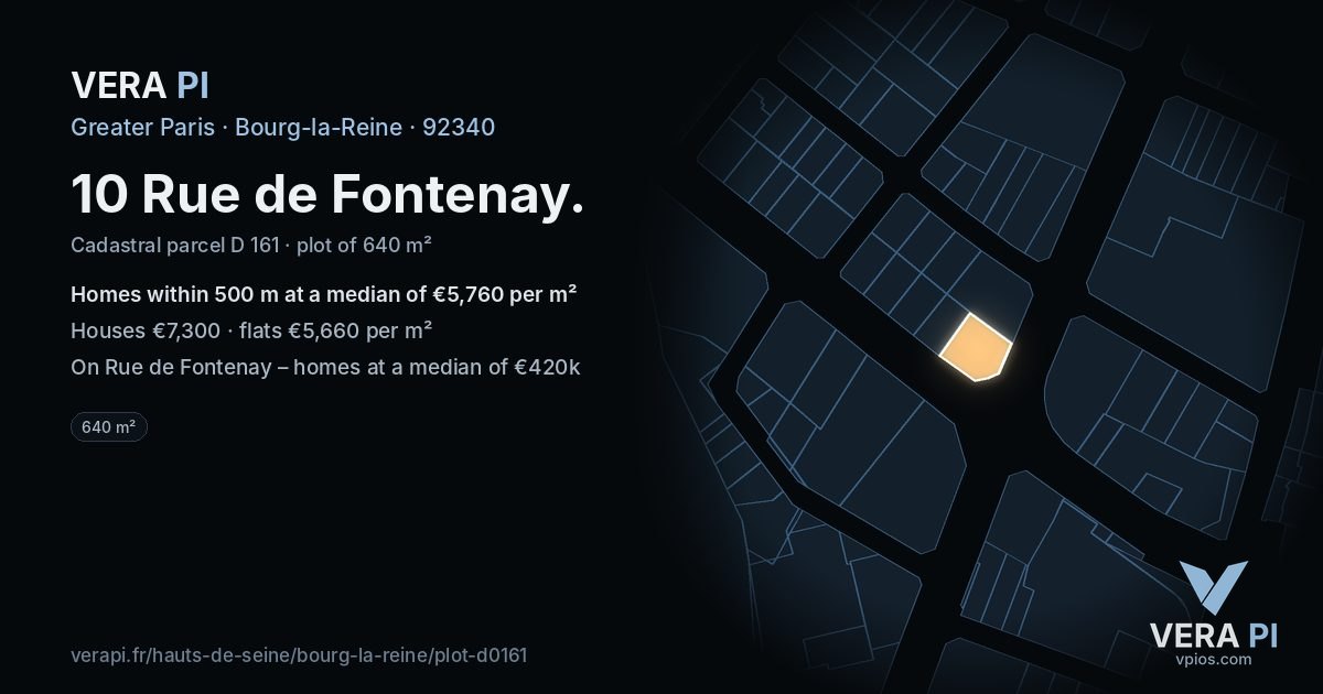 10 Rue de Fontenay, Bourg-la-Reine at night – the plot lit, the parcels around coloured by the prices near them