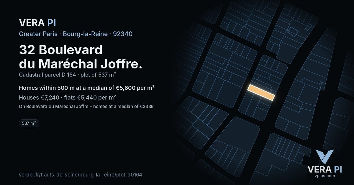 32 Boulevard du Maréchal Joffre, Bourg-la-Reine at night – the plot lit, the parcels around coloured by the prices near them