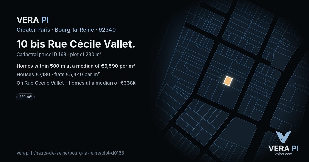 10 bis Rue Cécile Vallet, Bourg-la-Reine at night – the plot lit, the parcels around coloured by the prices near them