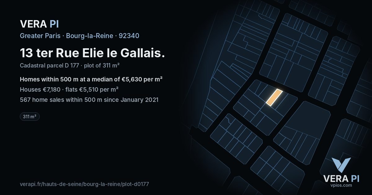 13 ter Rue Elie le Gallais, Bourg-la-Reine at night – the plot lit, the parcels around coloured by the prices near them