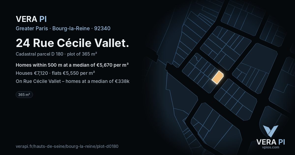 24 Rue Cécile Vallet, Bourg-la-Reine at night – the plot lit, the parcels around coloured by the prices near them
